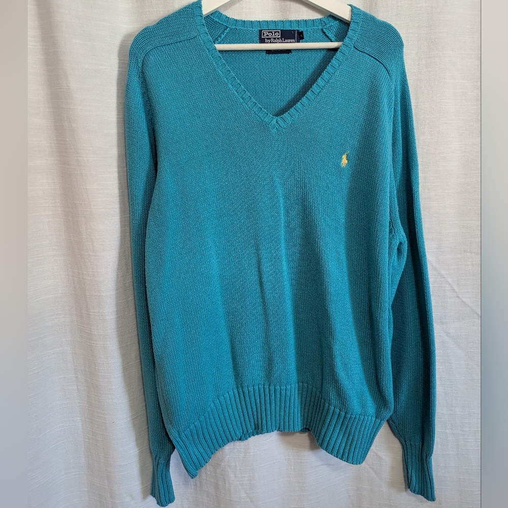 Polo Ralph Lauren Turquoise Cotton Classic V Neck Spring Sweater L